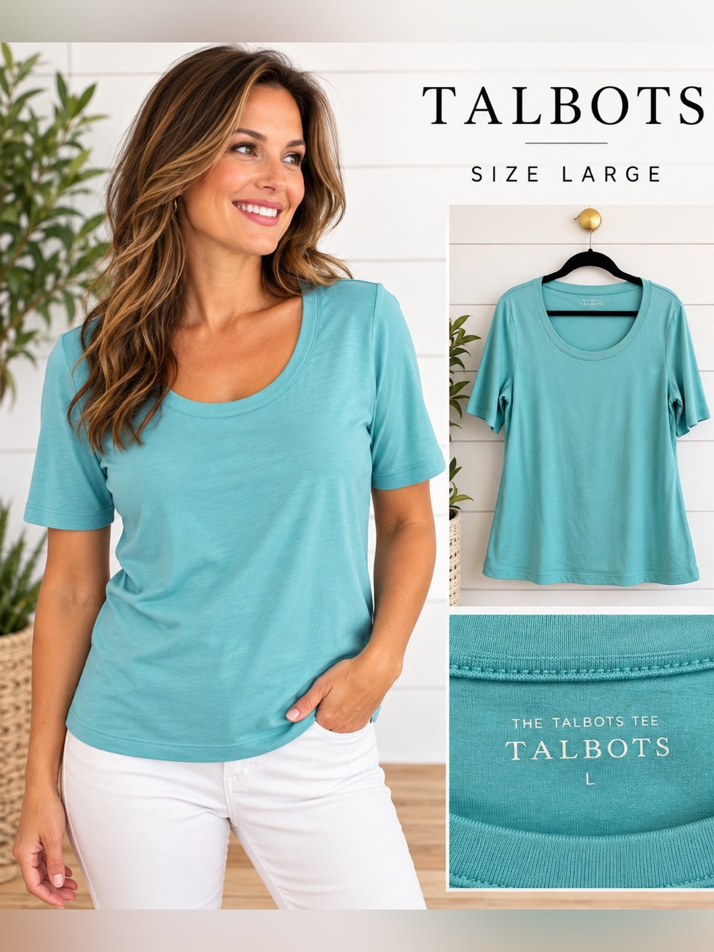 🩵 Talbots The Talbots Tee Aqua Blue Scoop Neck Top Large